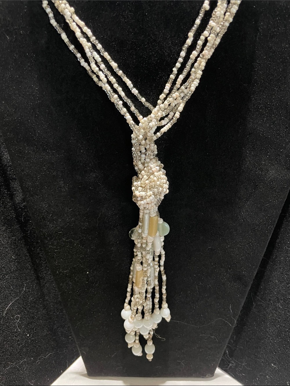 Beaded Tassel Necklace in Pearl White.  M’s